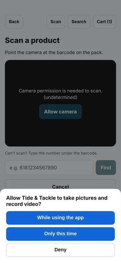 A camera permission dialog worded like iOS, shown on top of a scan screen.